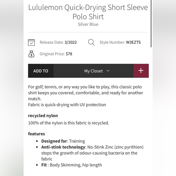 Lululemon Quick-Drying Short Sleeve Polo Shirt - Silver Blue - Size 10-12 - Picture 11 of 11